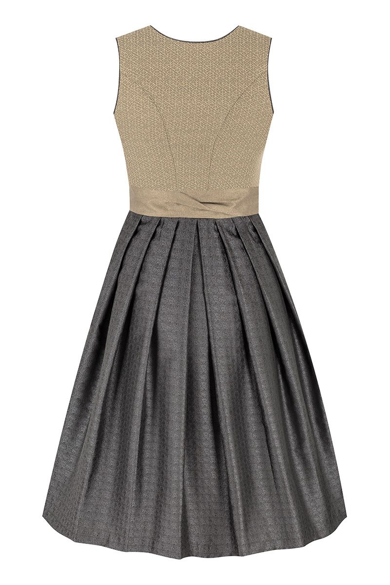 Elegantes Dirndl mit modernem Brokatmuster von MOSER Trachten in Grau und Beige.