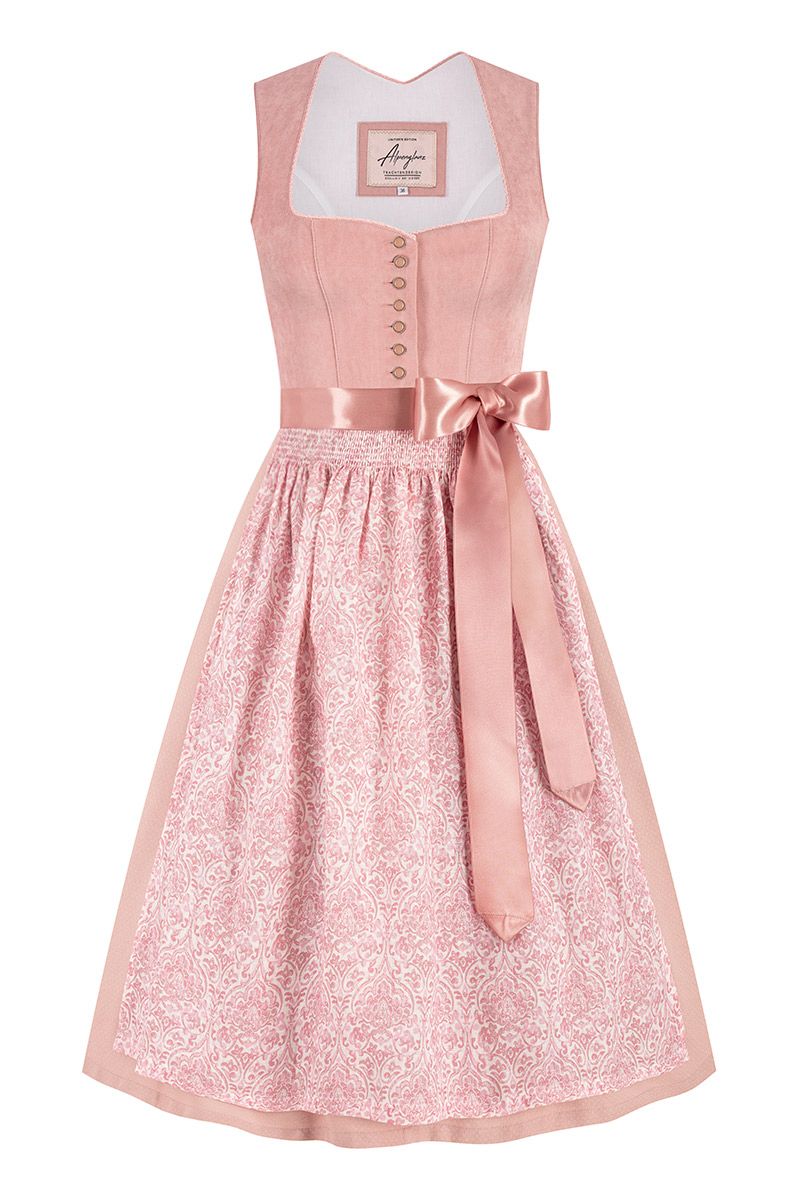 Elegantes rosa Dirndl von MOSER Trachten mit gemusterter Schürze und Schleife.