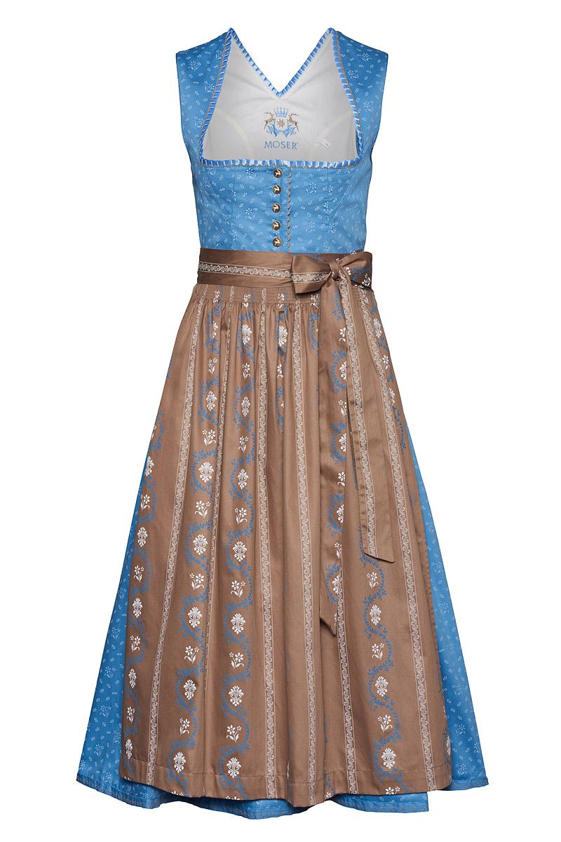 Blaues Dirndl mit TAUPE Schürze von MOSER Trachten, verziert mit klassischem Blumenmuster.