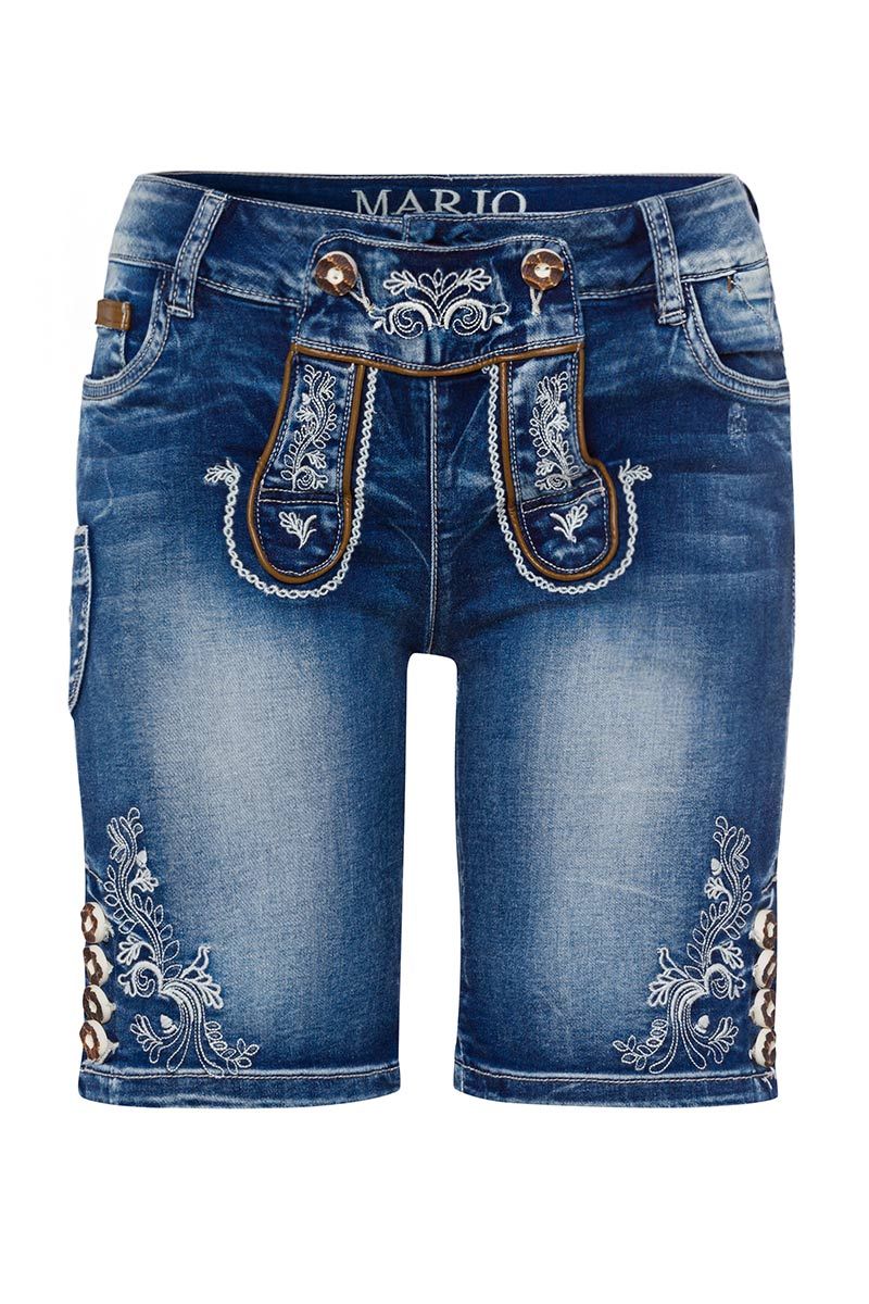 Blaue Jeans-Lederhose für Herren mit traditionellem Stickmuster von MOSER Trachten.