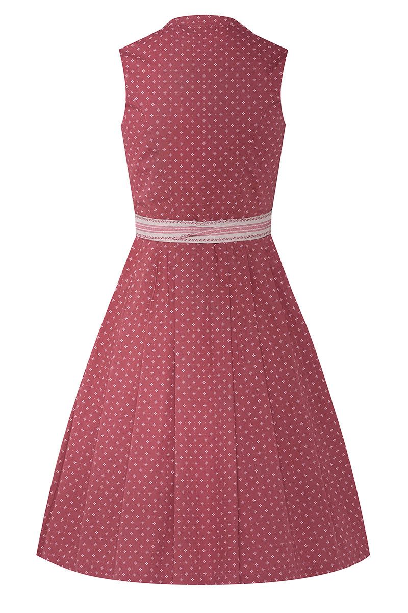 Rotes ärmelloses Dirndl von MOSER Trachten mit feinem weißem Muster und Taillenband.