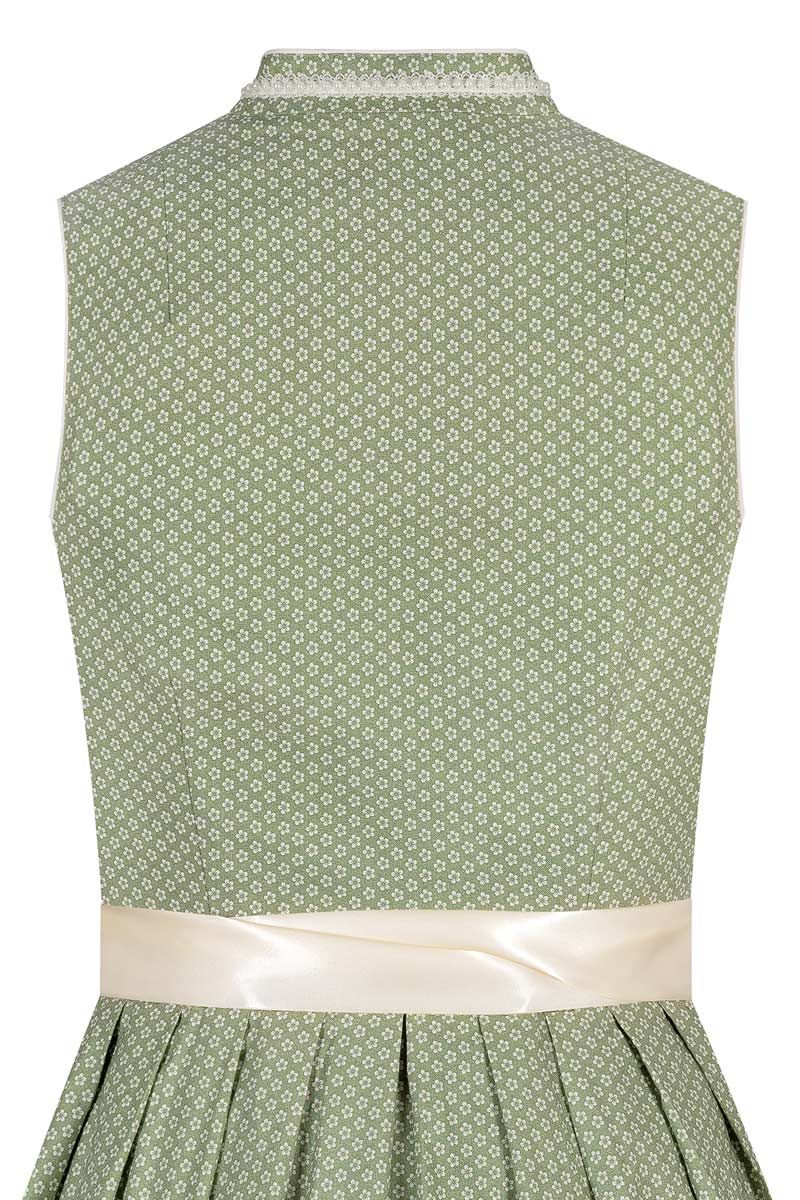 Rückansicht eines grünen Dirndls mit feinem Blumenmuster und beigem Taillenband von MOSER.
