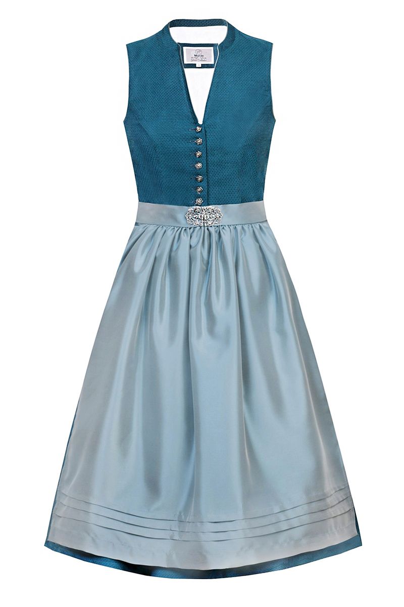 Blaue Moser Trachten-Dirndl mit eleganter Knopfleiste und Gürtel, ideal für traditionelle Anlässe.