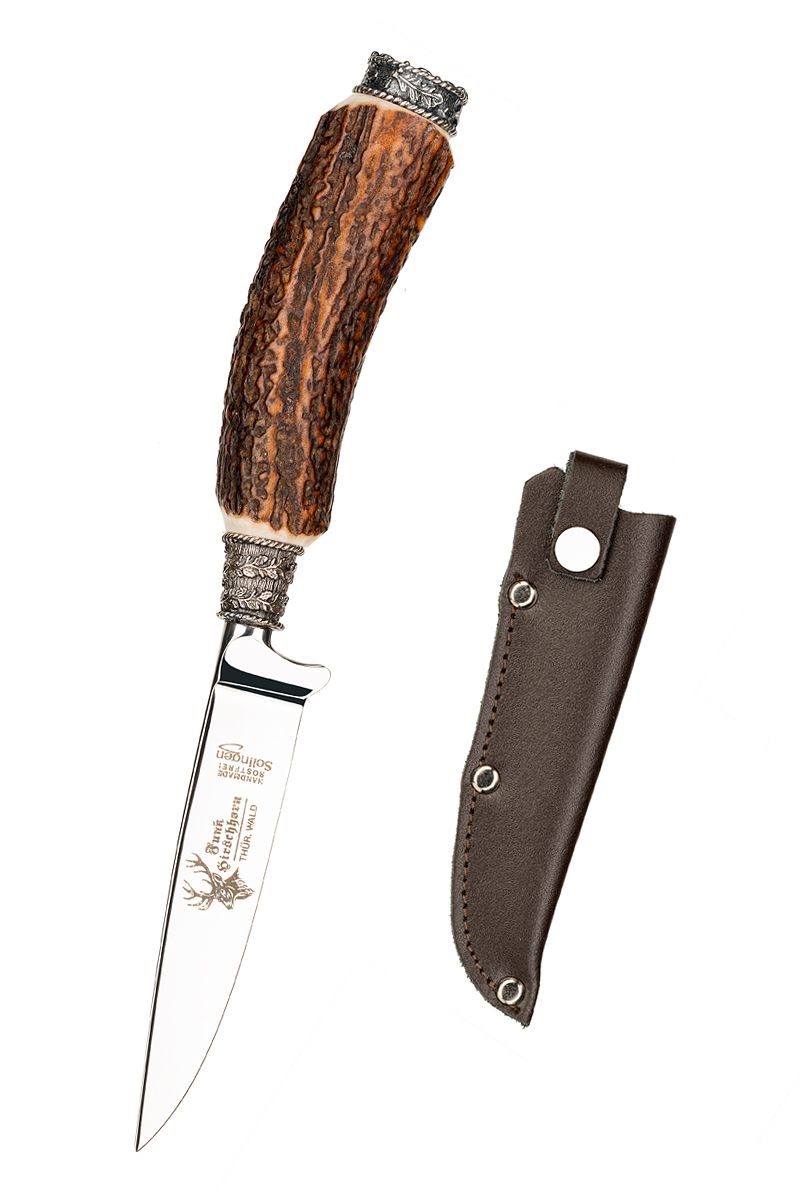 Edles Trachtenmesser mit Hirschhorngriff und brauner Lederscheide von MOSER.
