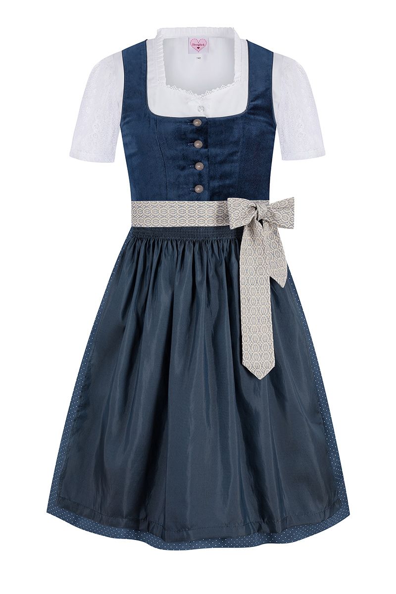 Elegantes blaues MOSER Dirndl mit weißer Spitze und gemusterter Schürze aus der Trachtenkollektion.
