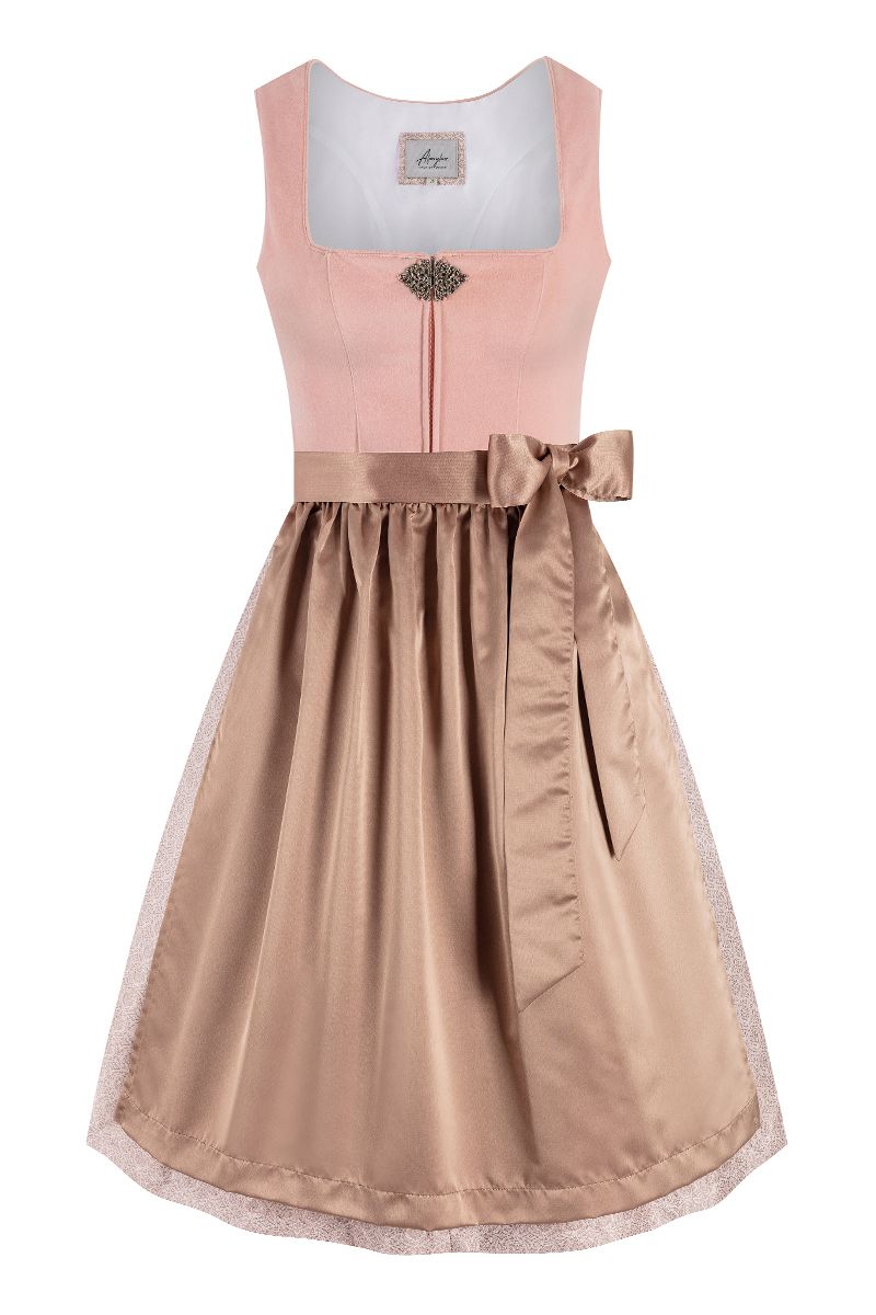 Elegantes rosa Dirndl mit bronzefarbener Schürze aus der MOSER Trachten Kollektion.