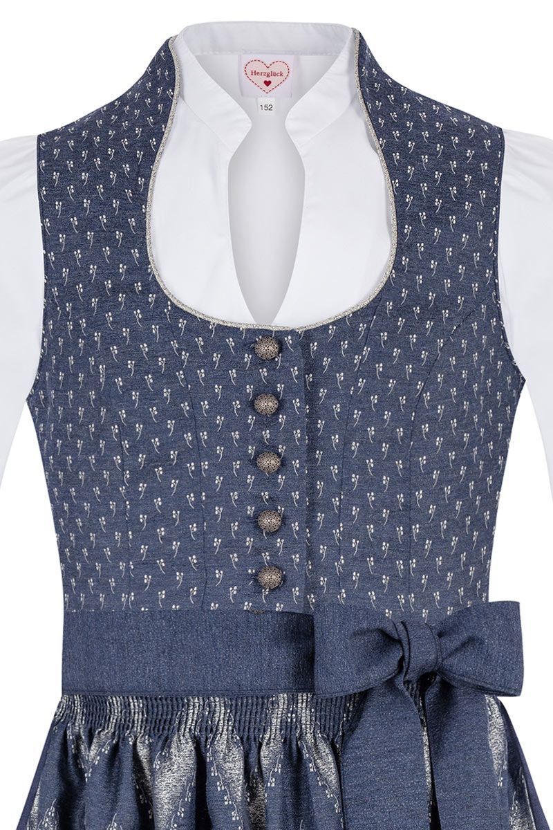 Elegantes Dirndl in Blau von MOSER mit silbernen Knöpfen und Schleife.