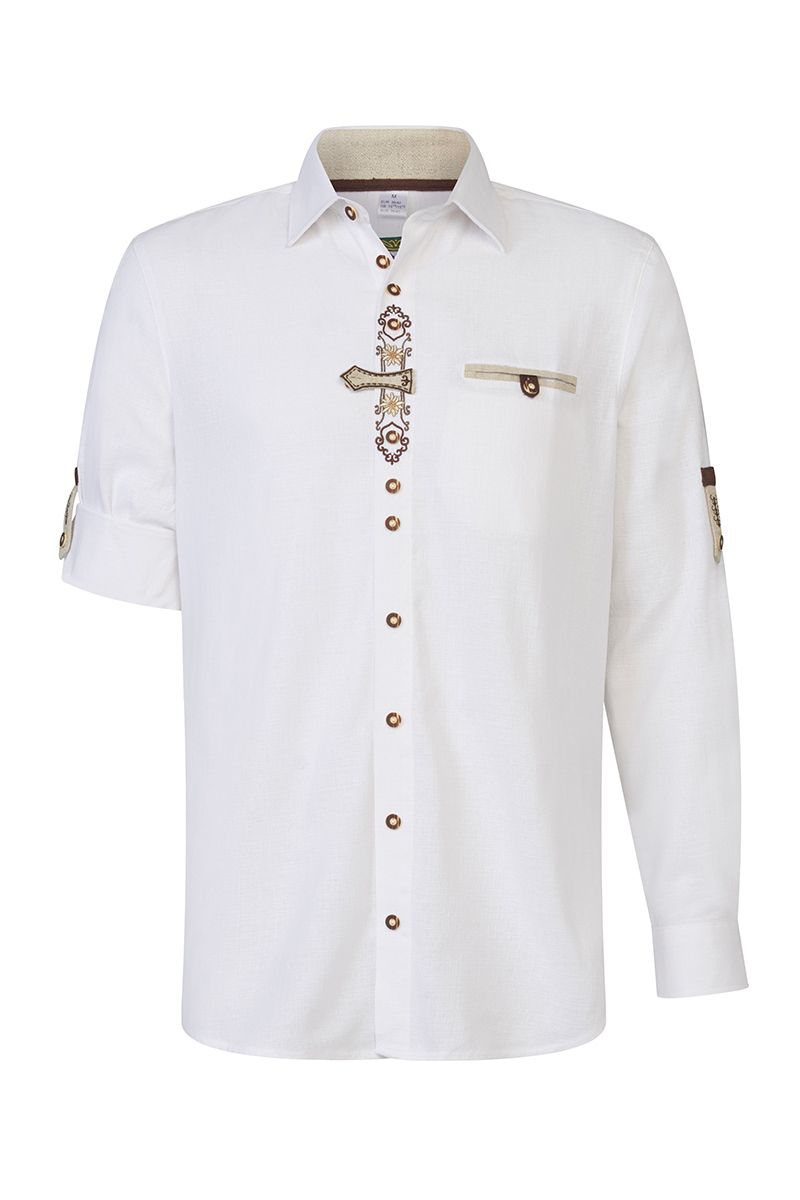 Weiße Herren-Trachtenbluse mit dezenter Stickerei von MOSER Trachten.