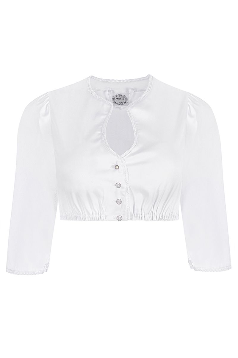 Weiße MOSER Dirndlbluse mit langen Ärmeln und Knopfleiste für traditionelle Trachtenmode.