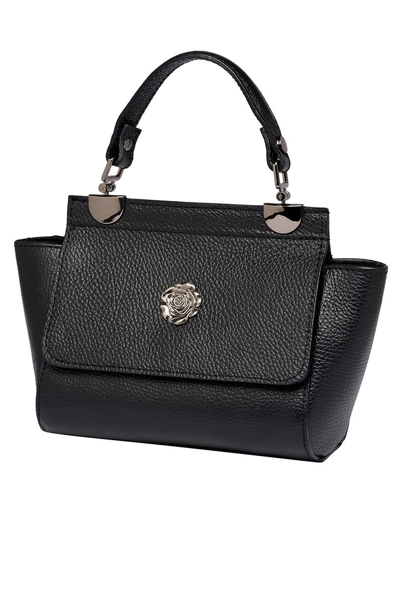 Elegante schwarze Trachtentasche von MOSER aus Leder mit silbernem Rosenornament.