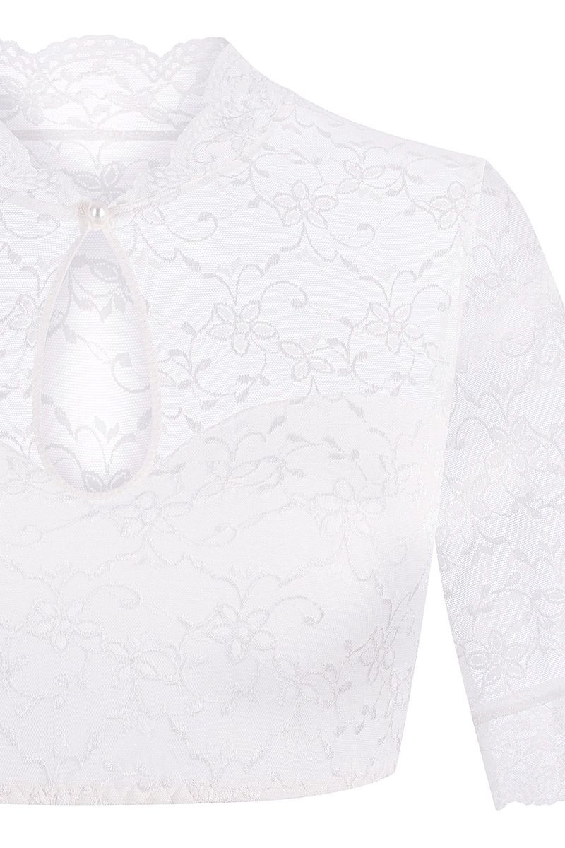 Weiße Spitzen-Dirndlbluse mit Stehkragen von MOSER Trachten für einen eleganten Look.