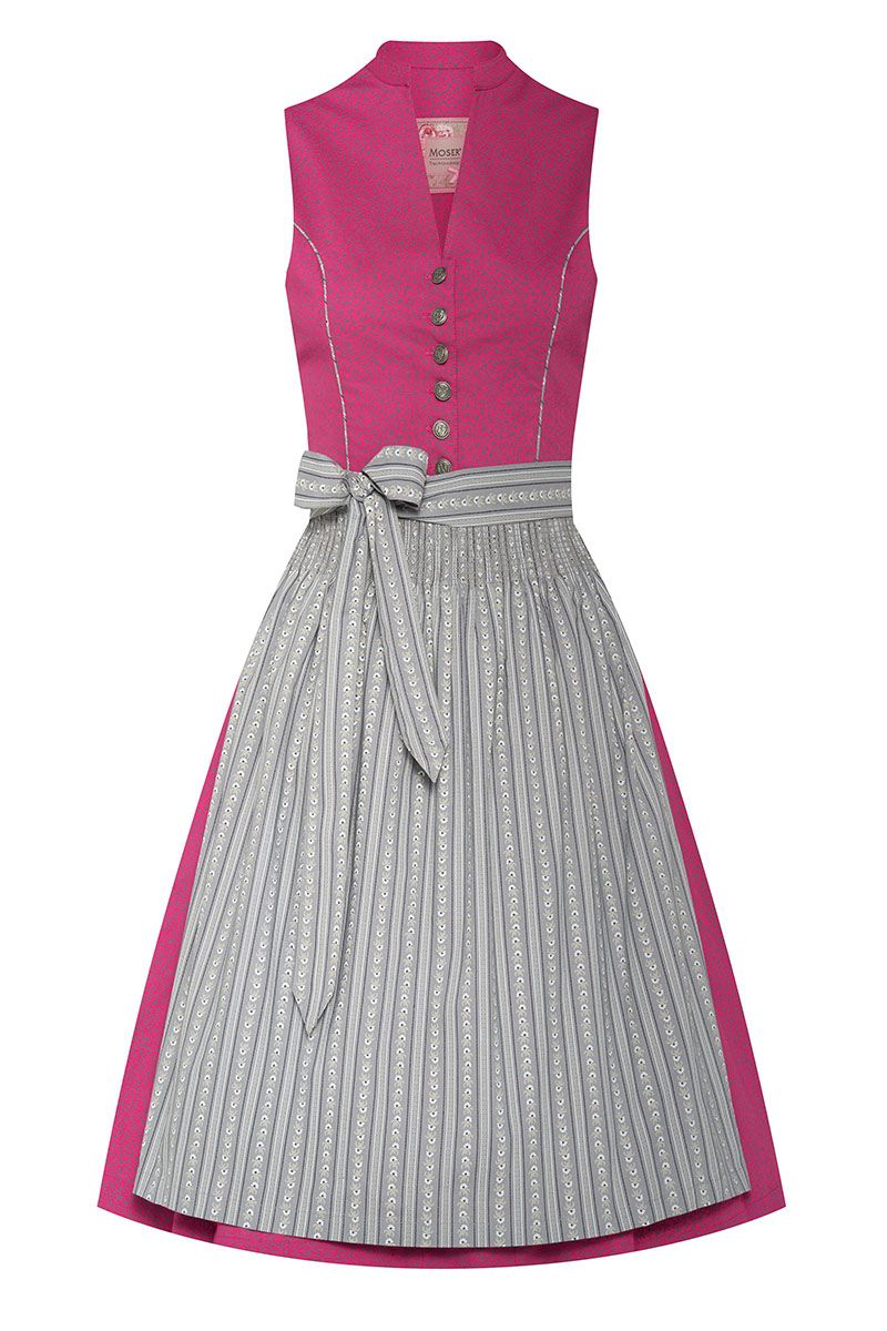 Pinkes Dirndl von MOSER mit grauer Schürze aus hochwertiger Trachtenmode bei trachten.de.
