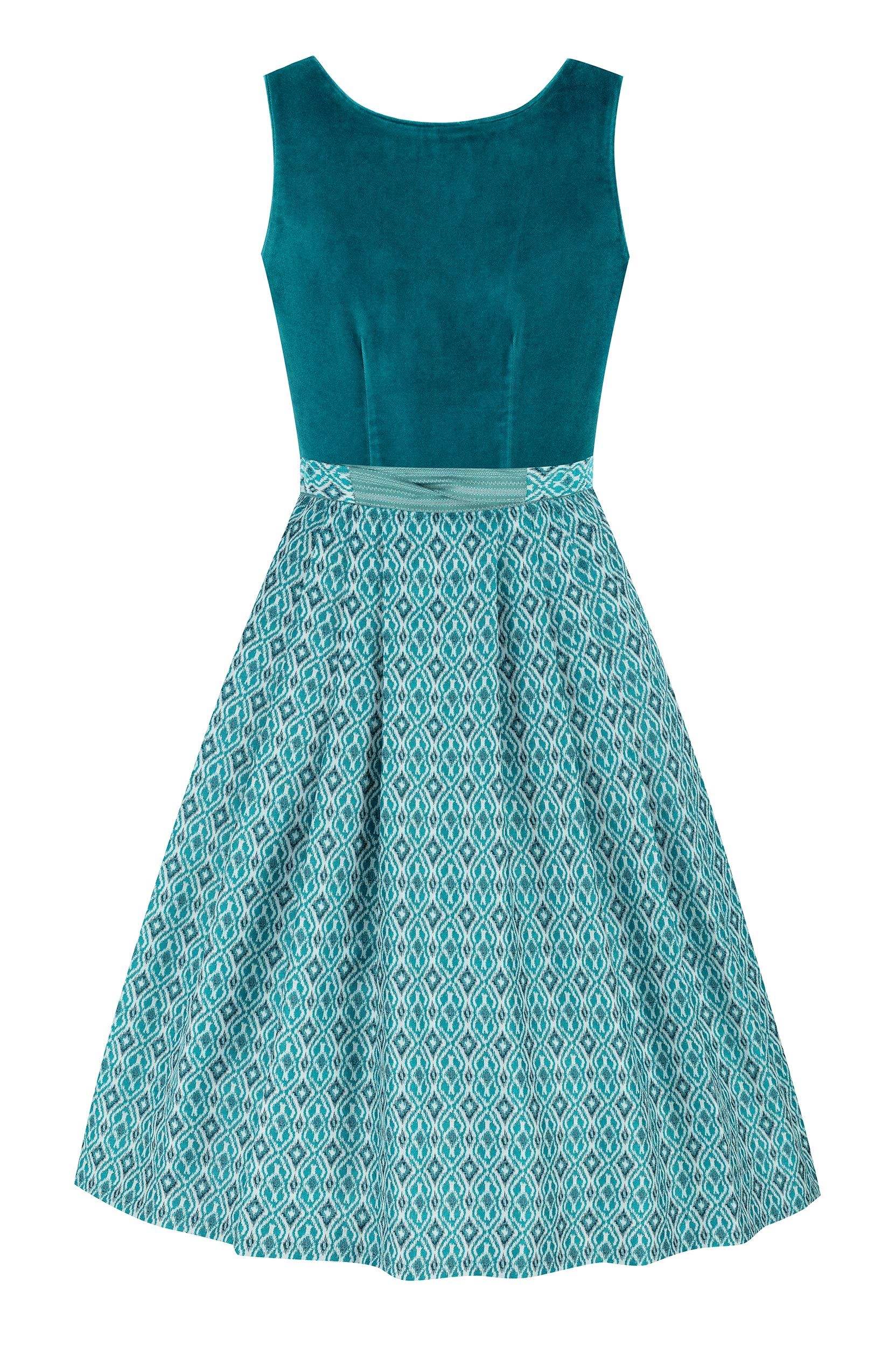 Elegantes türkisfarbenes Dirndl von MOSER Trachten mit modernem Muster.