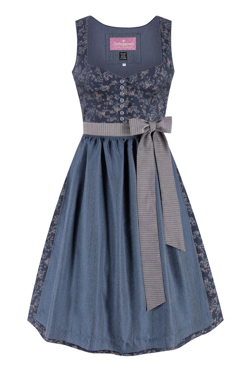 Blaues Dirndl von MOSER Trachten mit floralem Muster und grauer Schleife.