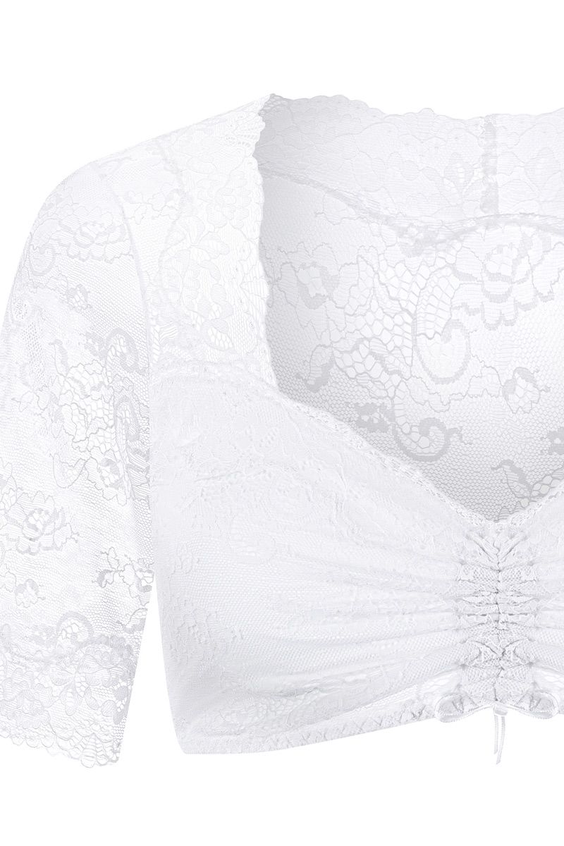 Weiße Dirndlbluse aus Spitze von MOSER Trachten für elegante Trachtmode.