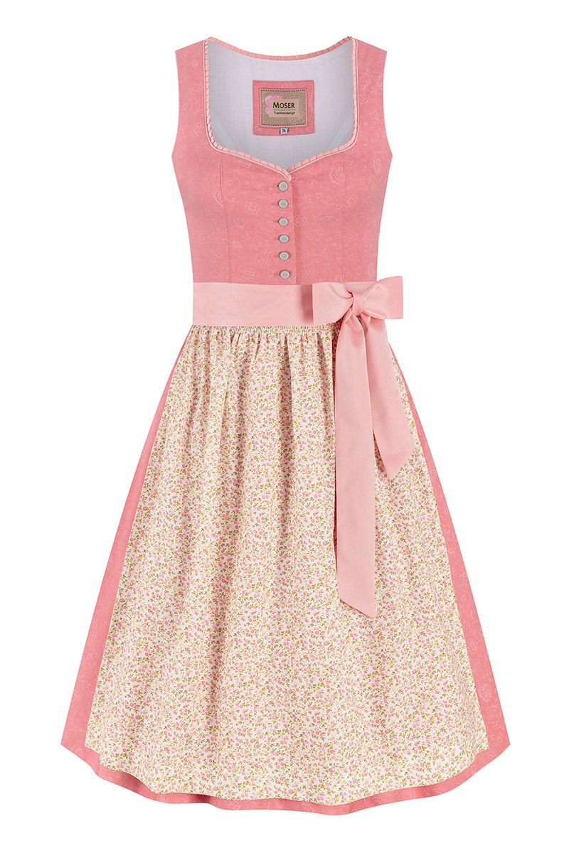 Rosa Dirndl von MOSER Trachten mit floralem Schürzenmuster und zarter Schleife.