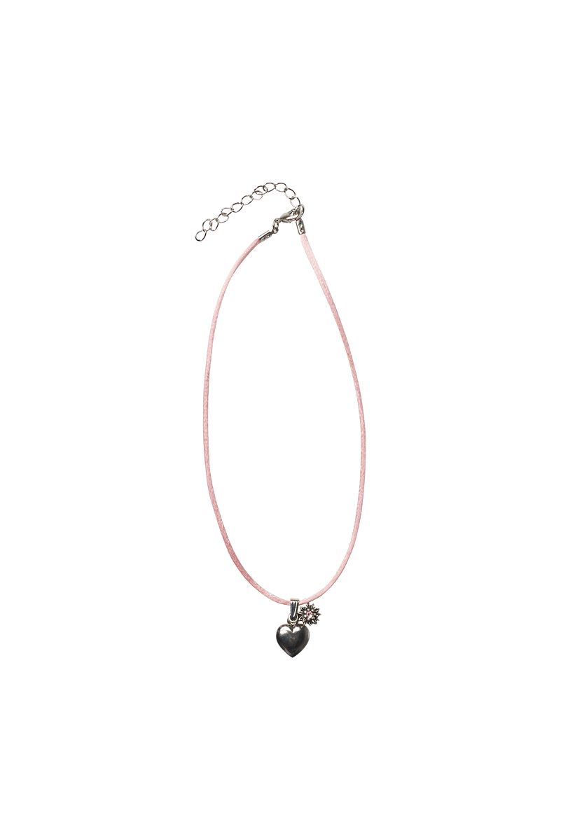 Rosa Kette mit Herz- und Edelweißanhänger von MOSER Trachten für ein traditionelles Outfit.