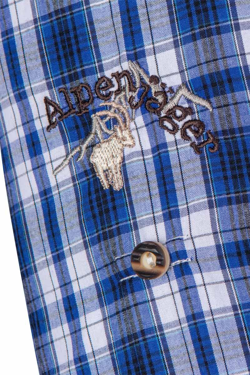 Kariertes Hemd mit Alpenjäger-Stickerei sorgt für traditionellen Trachtenlook.