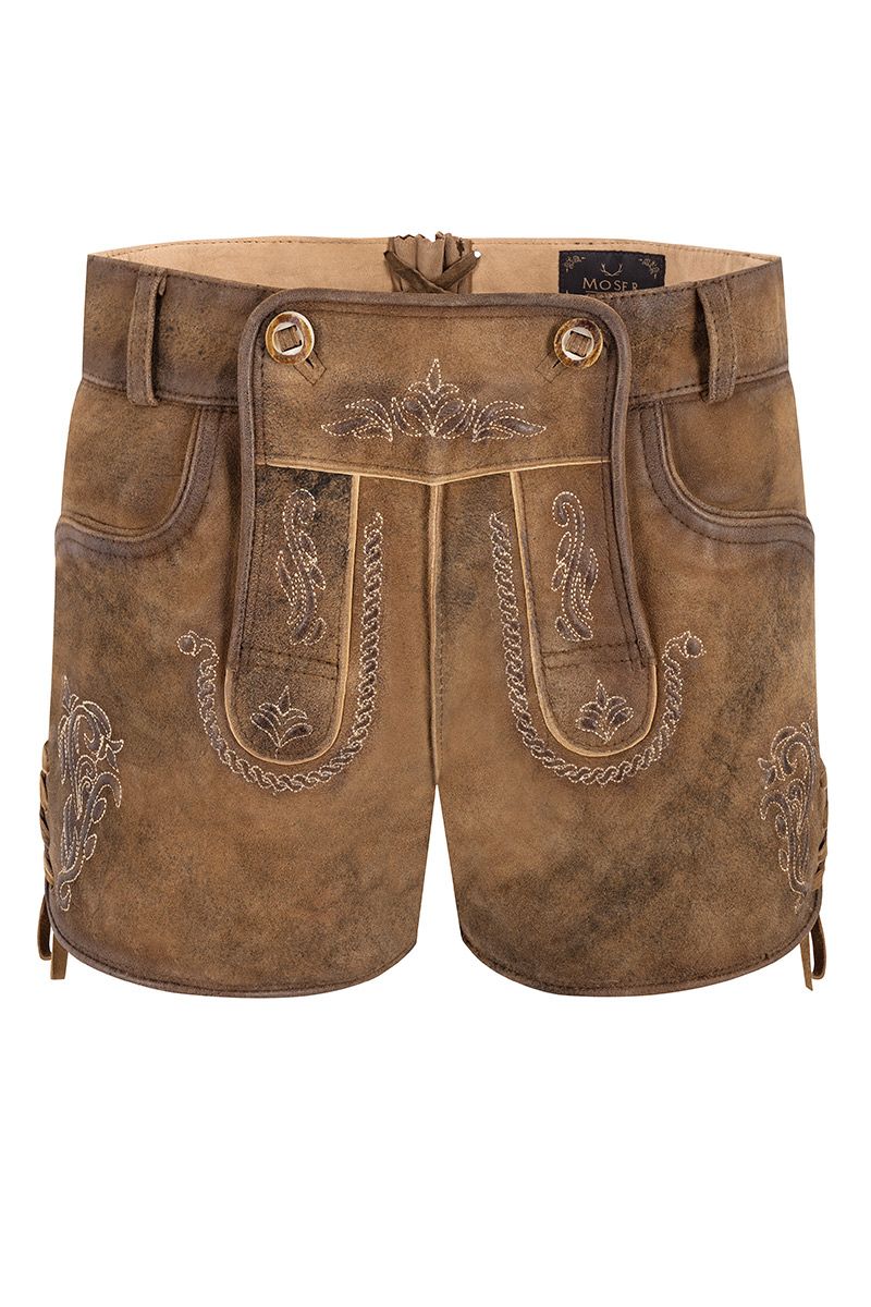 Braune Trachtenlederhose von MOSER mit feiner Stickerei aus hochwertigem Leder.
