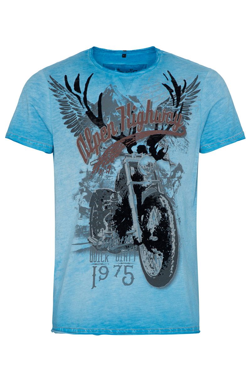 Blaues T-Shirt mit Alpen-Highway-Motiv und Hirschgeweih von MOSER Trachten.