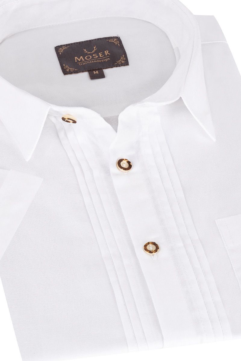Hochwertiges weißes Herrenhemd von MOSER Trachten mit eleganten goldfarbenen Knöpfen.