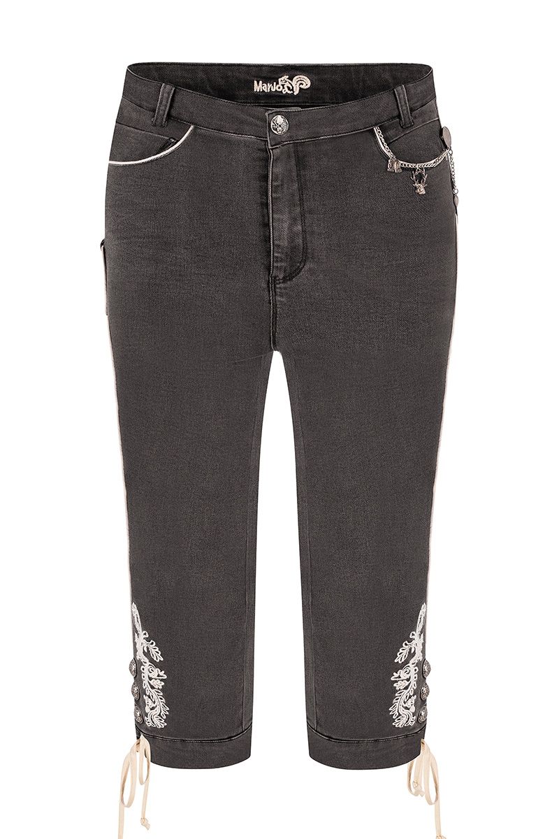 Elegante schwarze Kniebundlederhose mit weißen Stickereien von MOSER Trachten.