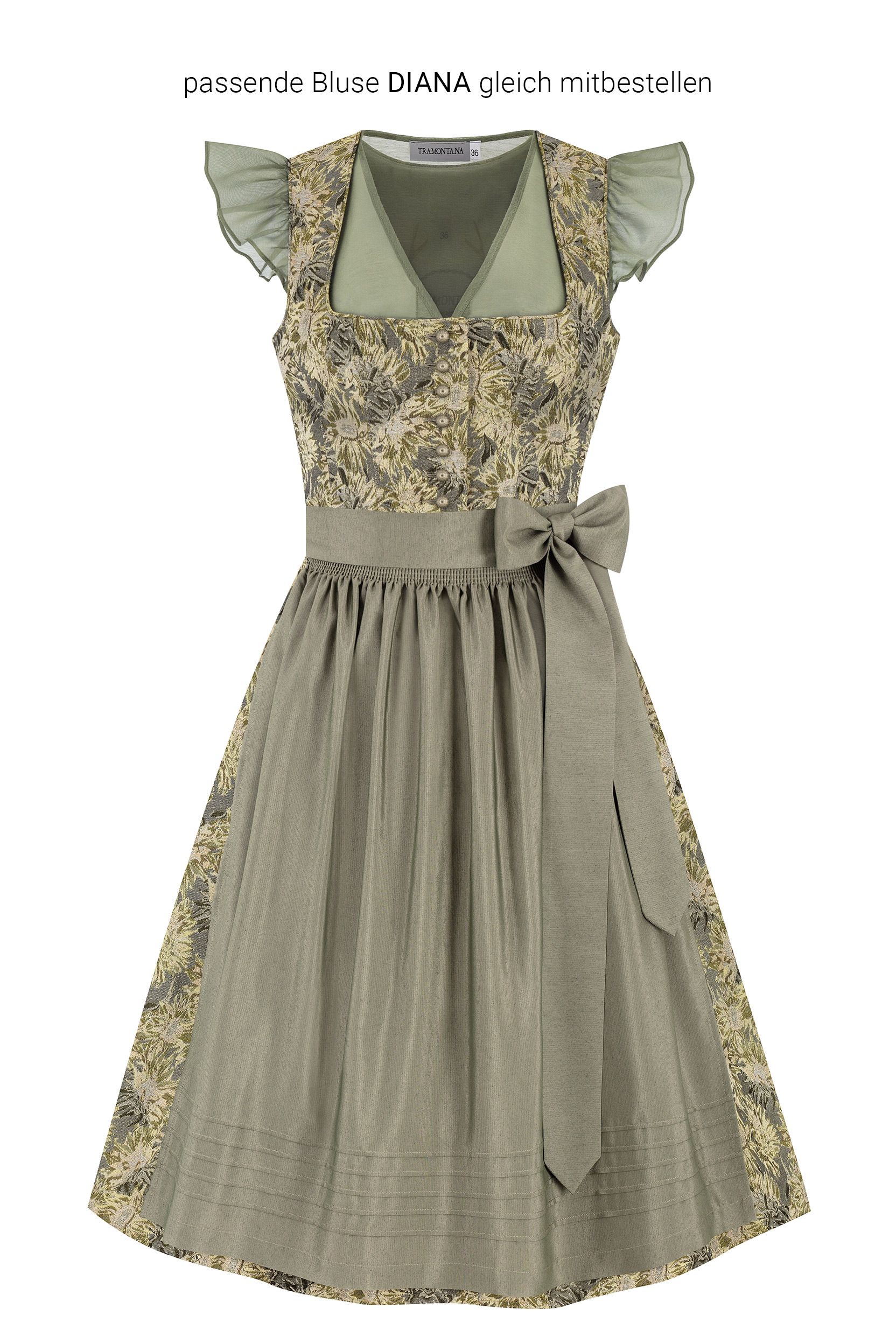 Grünes Damen-Dirndl mit floraler Bluse von MOSER Trachten in traditionellem Design.