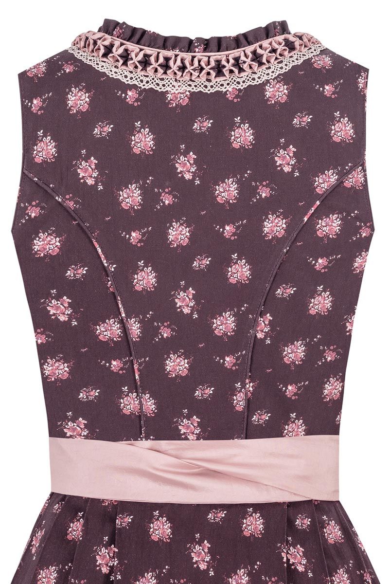 Dunkelbraunes Trachtenkleid mit rosa Blumenmuster und Rüschenkragen von MOSER Trachten.