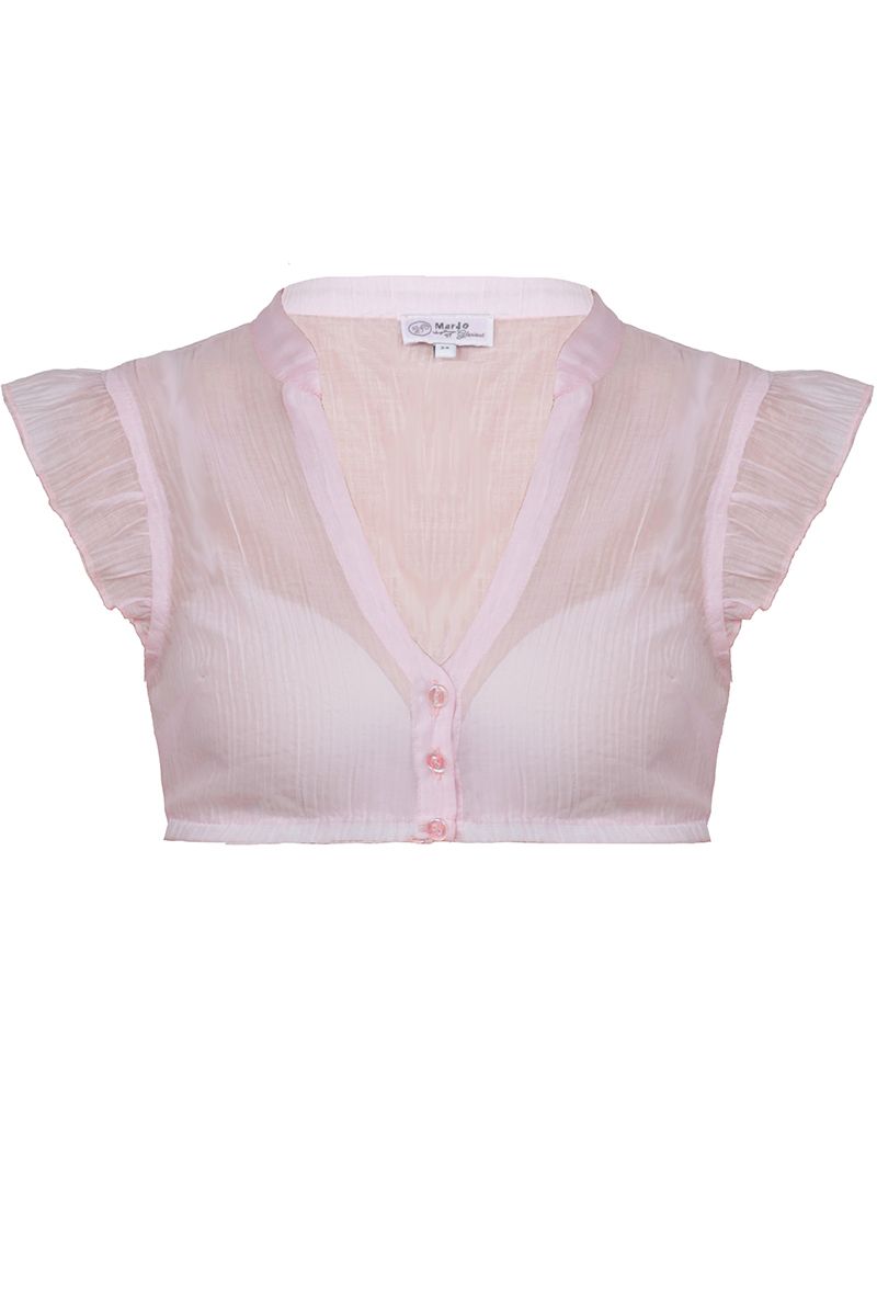 Rosa Dirndlbluse mit Rüschenärmeln von MOSER Trachten für ein traditionelles Outfit.
