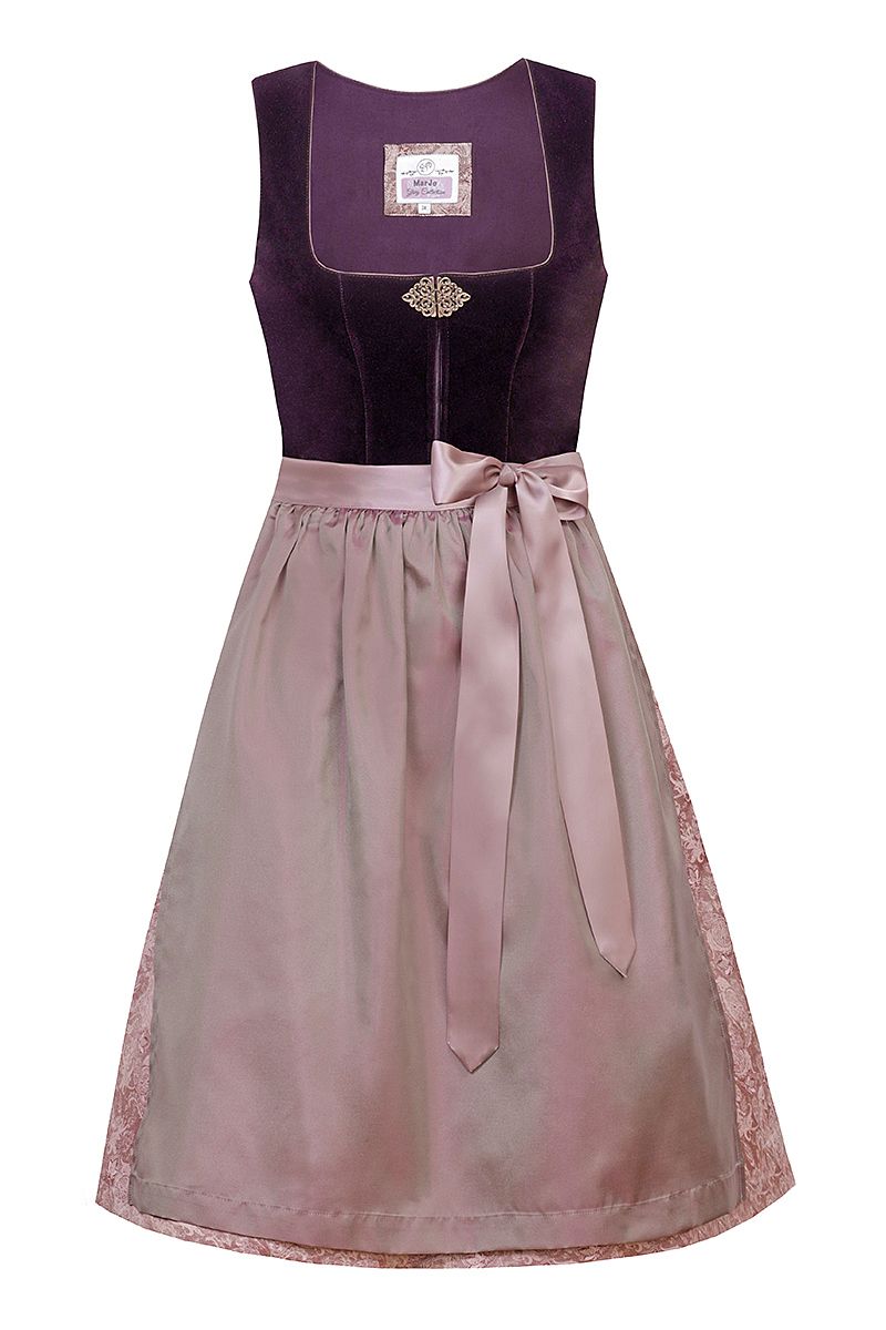 Elegantes MOSER Dirndl aus Samt in Lila mit rosa Schürze.