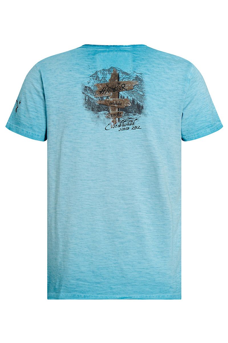Türkises T-Shirt mit Bergmotiv und Schriftzug im Trachtenstil von Moser Trachten.