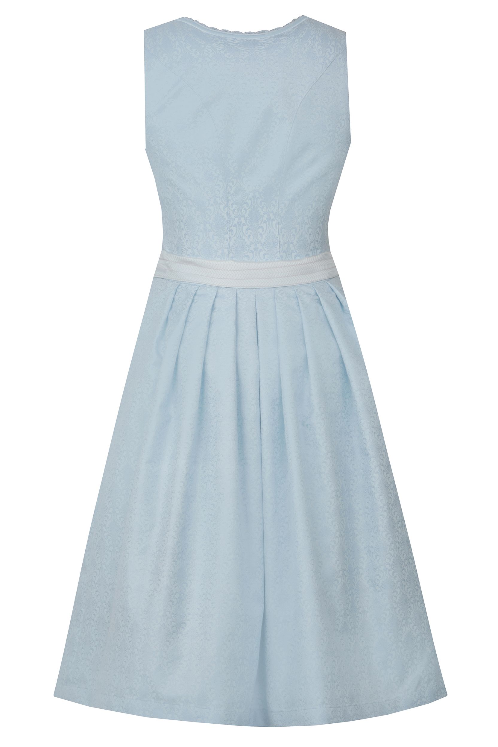 Das hellblaue Midi-Dirndl von Moser Trachten zeigt feine Ton-in-Ton-Muster.