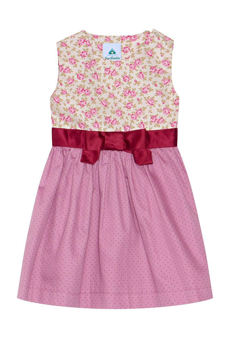Rosa Dirndl für Mädchen mit Blumendruck und einer Schleife in der Taille von MOSER Trachten.