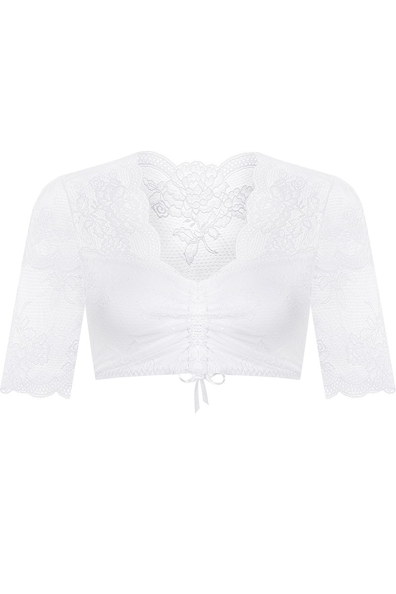 Weiße Moser Trachtenbluse mit Spitzeneinsätzen, ideal für elegante Dirndl-Looks.