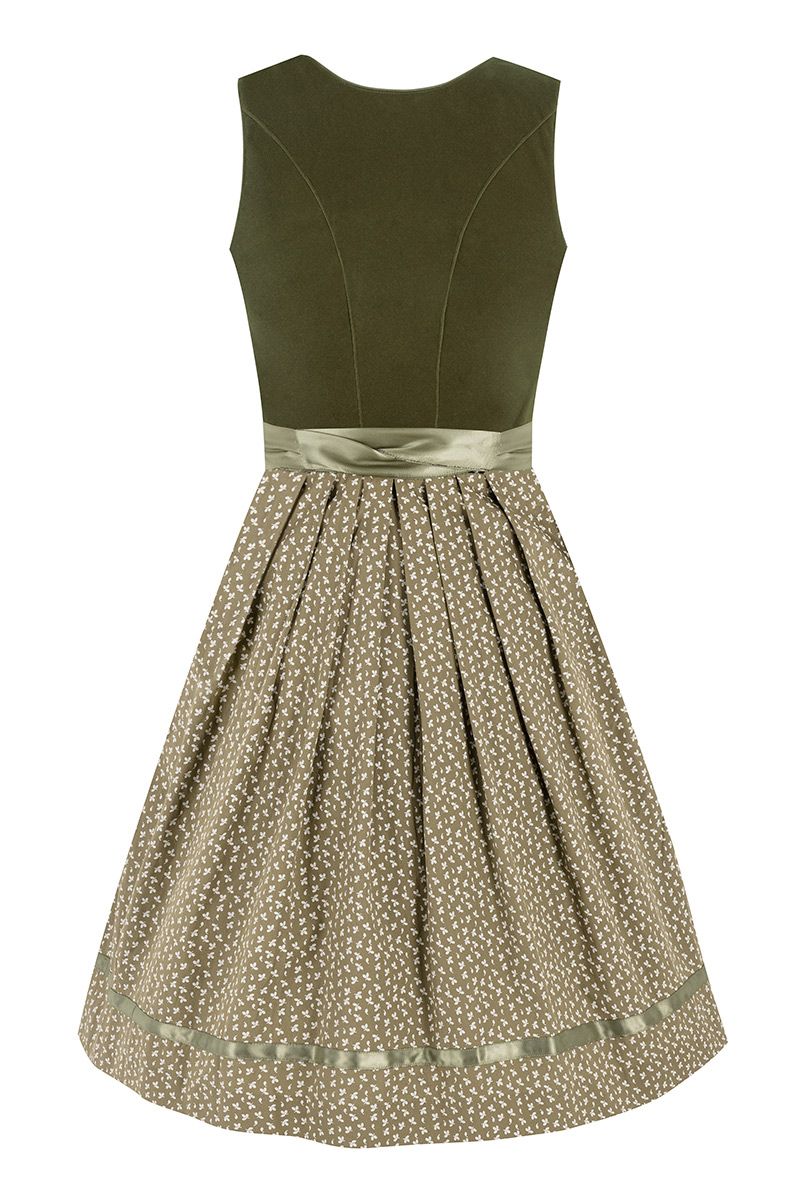 Braunes Moser Dirndl mit grünem Oberteil und dezentem Blumenmuster für traditionelle Anlässe.