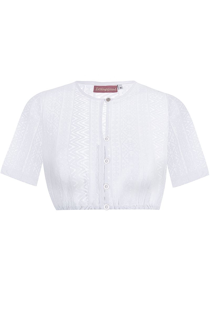 Weiße Damen-Dirndlbluse aus Spitze von MOSER Trachten mit Knopfleiste.