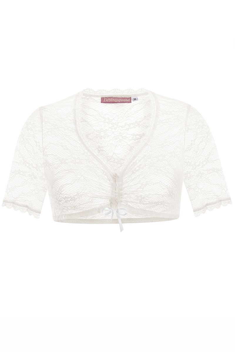 Weiße Spitzen-Dirndlbluse von Moser Trachten, elegant und hochwertig verarbeitet.
