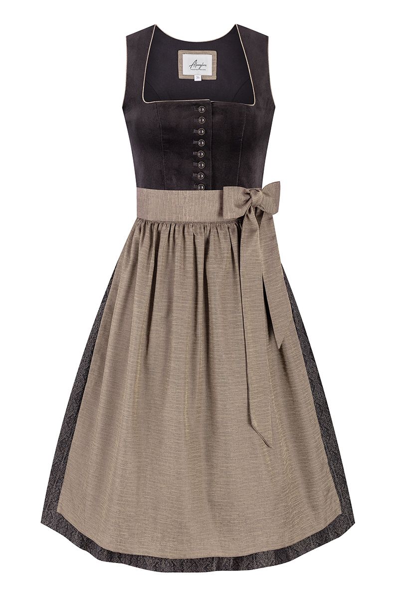 Elegantes Damen-Dirndl von MOSER Trachten in Schwarz mit grauer Schürze und Schleife.