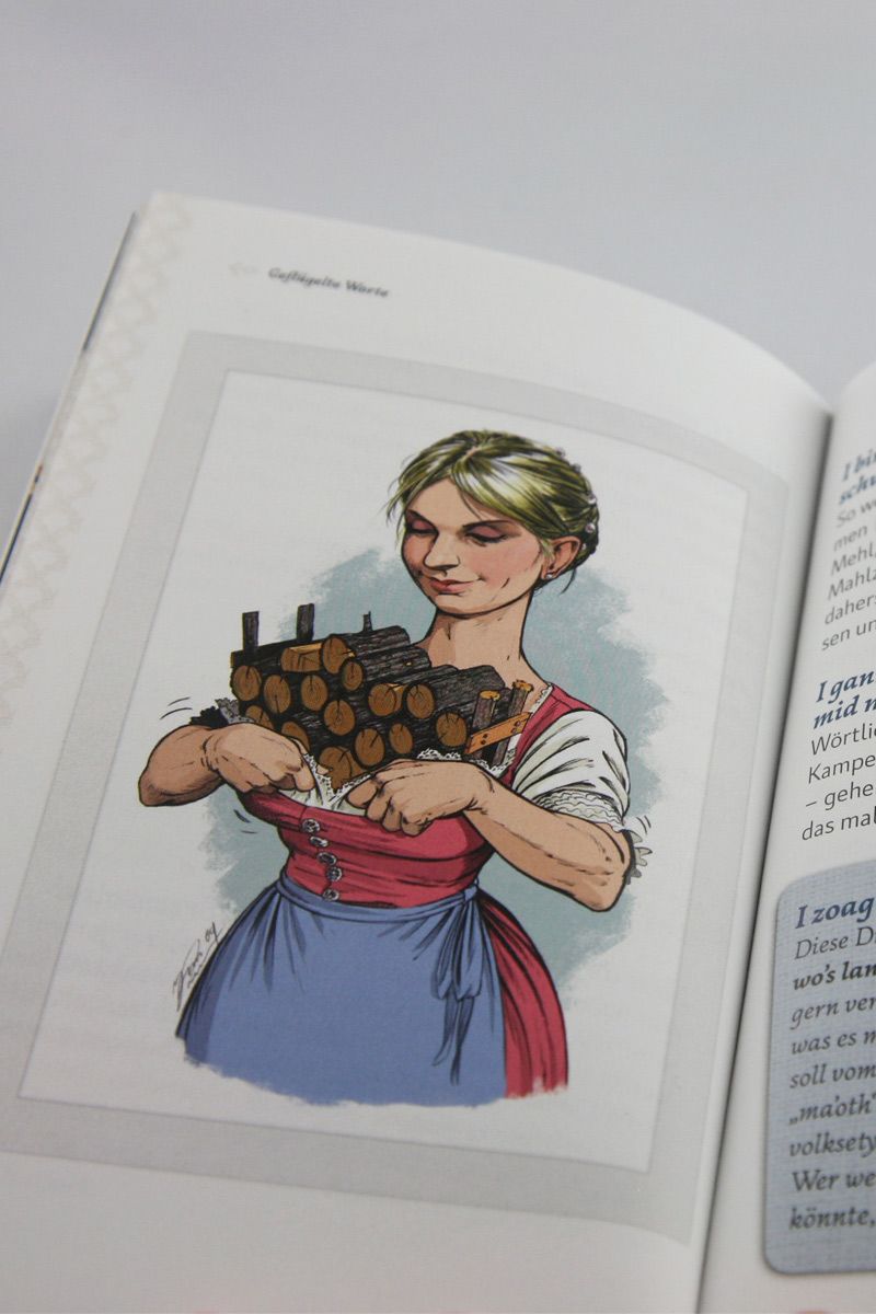 Eine bayerische Frau in traditioneller Tracht trägt Brennholz im Arm.