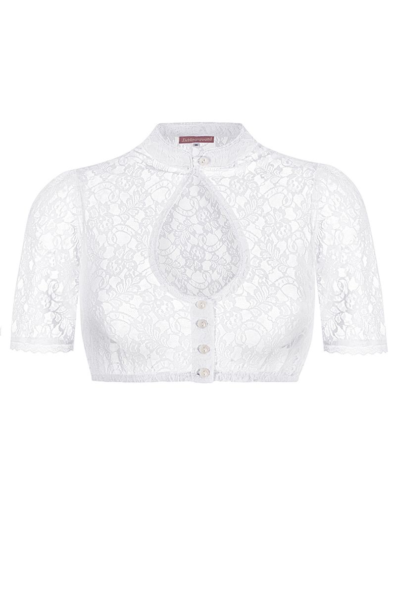 Weiße Spitzen-Dirndlbluse von MOSER Trachten mit Knopfverschluss und Stehkragen.