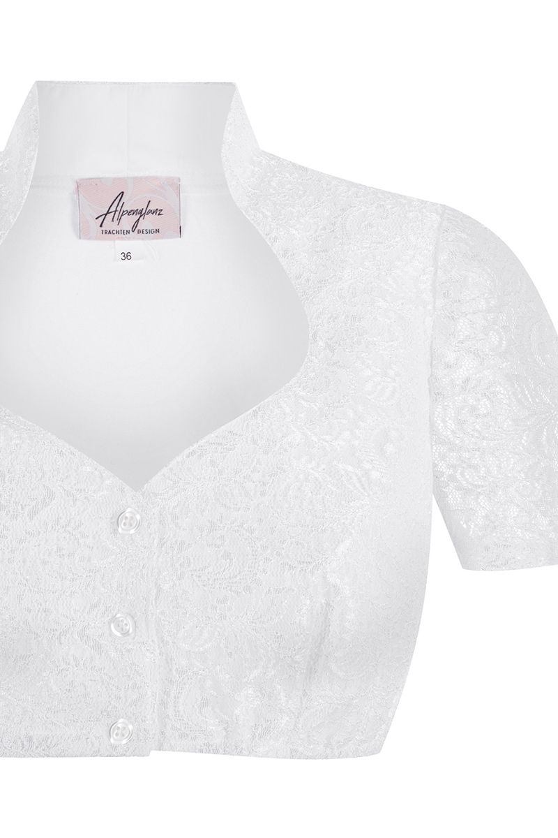 Weiße Dirndlbluse aus Spitze von MOSER Trachten, elegant und passend zu traditioneller Tracht.