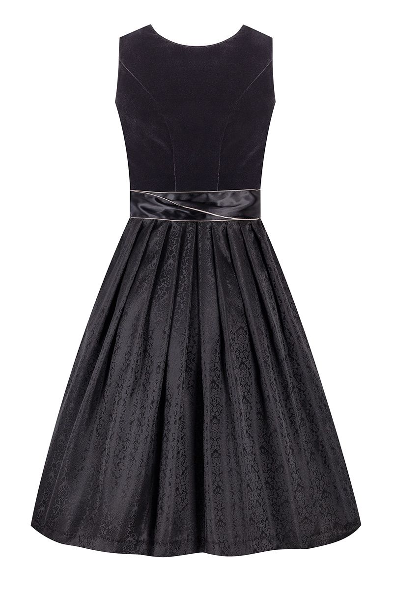 Elegantes schwarzes Dirndl von MOSER Trachten mit Samtmieder und glänzendem Satinband.