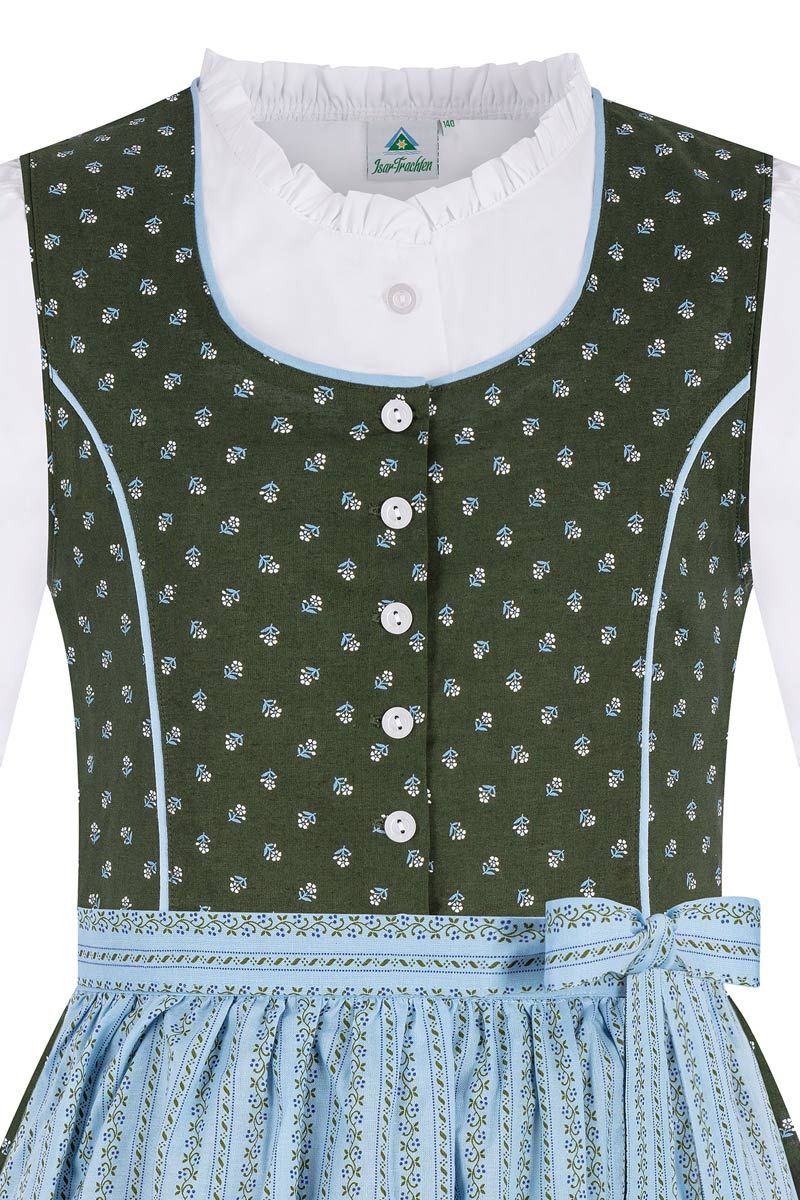 Dunkelgrünes Dirndl mit floralen Mustern und blauer Schürze von MOSER Trachten.