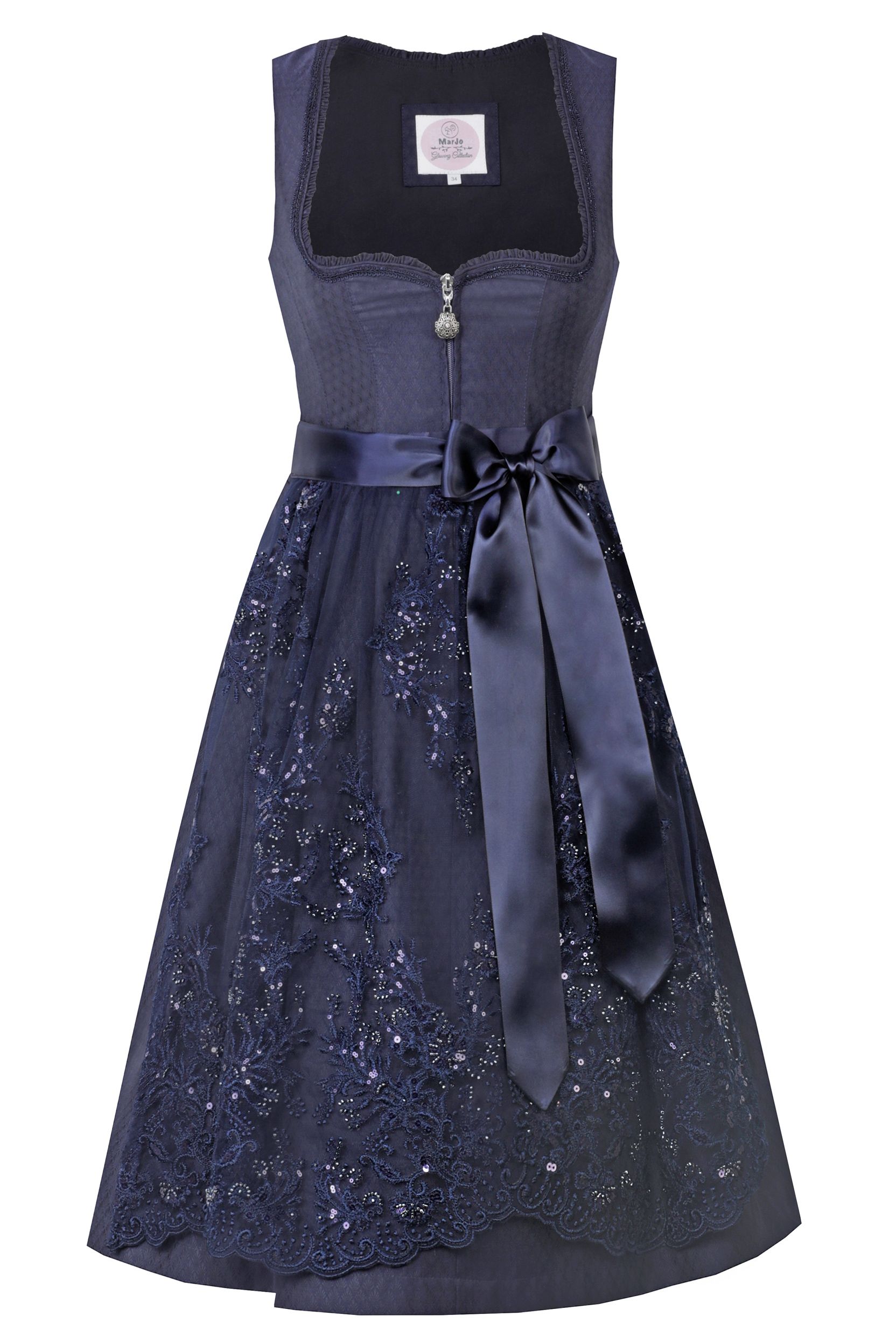 Elegantes blaues Dirndl mit Spitze und Schleife der Marke MOSER Trachten.