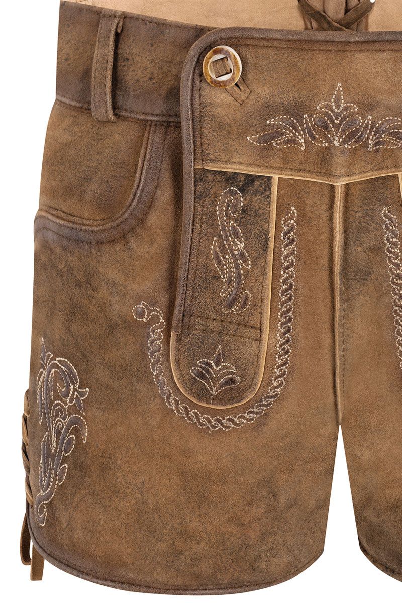 Braune Lederhose von MOSER Trachten mit kunstvoller Stickerei.