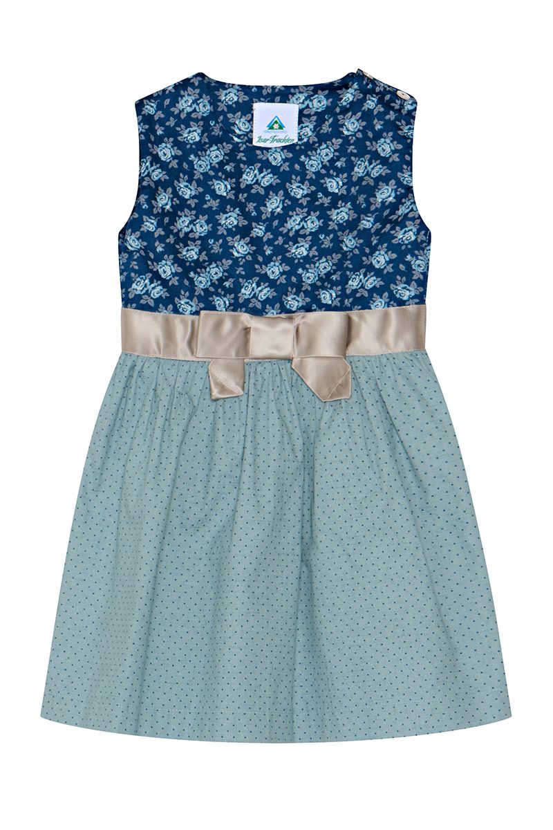 Blaues Kinderdirndl mit floralem Muster und beigem Taillenband von MOSER Trachten.