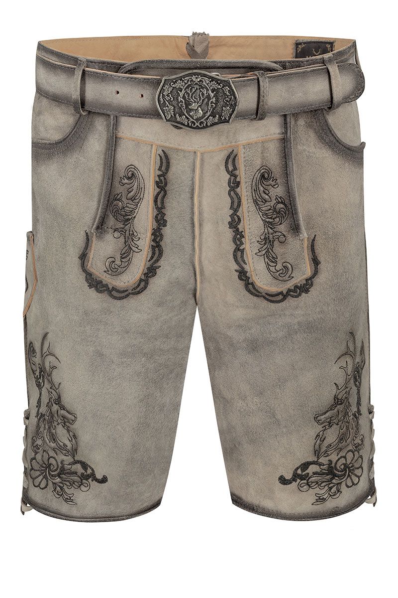 Graue kurze Lederhose mit traditionellen Stickereien und aufwendiger Metallschnalle.