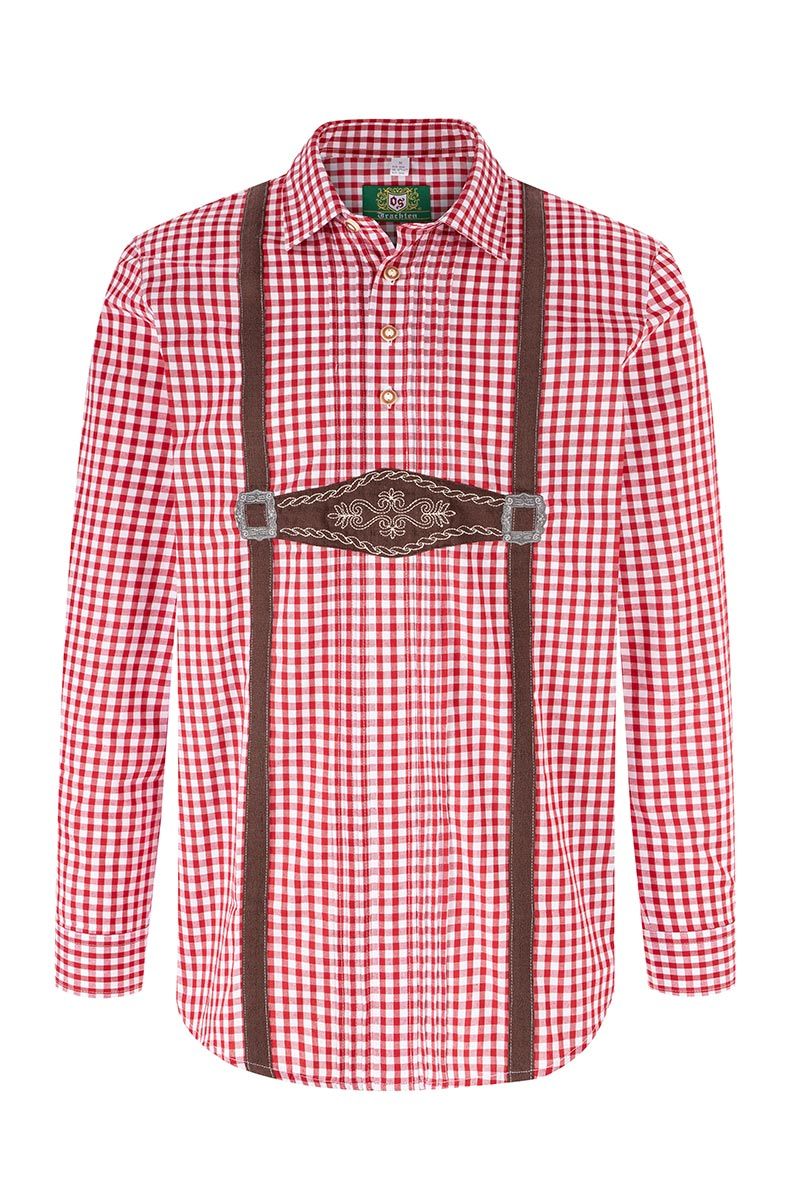 Rot-weiß-kariertes Herrenhemd mit braunen Hosenträgern im Trachtenstil von MOSER.