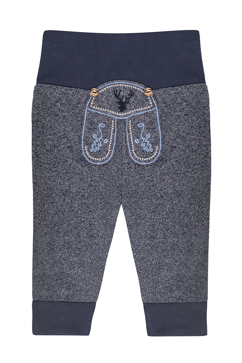 Graue Babyhose in Lederhosen-Optik mit blauer Stickerei von MOSER Trachten.