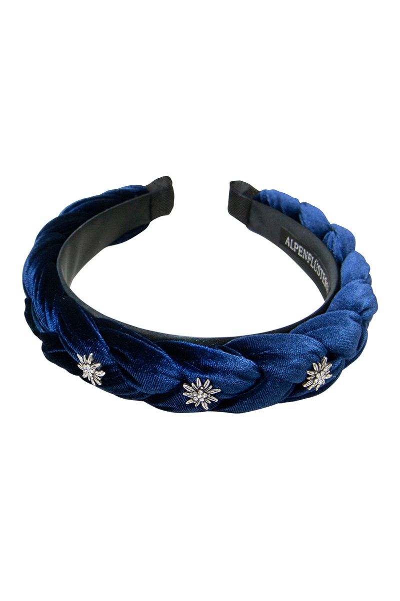 Blauer Samt-Haarreif mit Edelweiß-Details von Moser Trachten für traditionelle Looks.